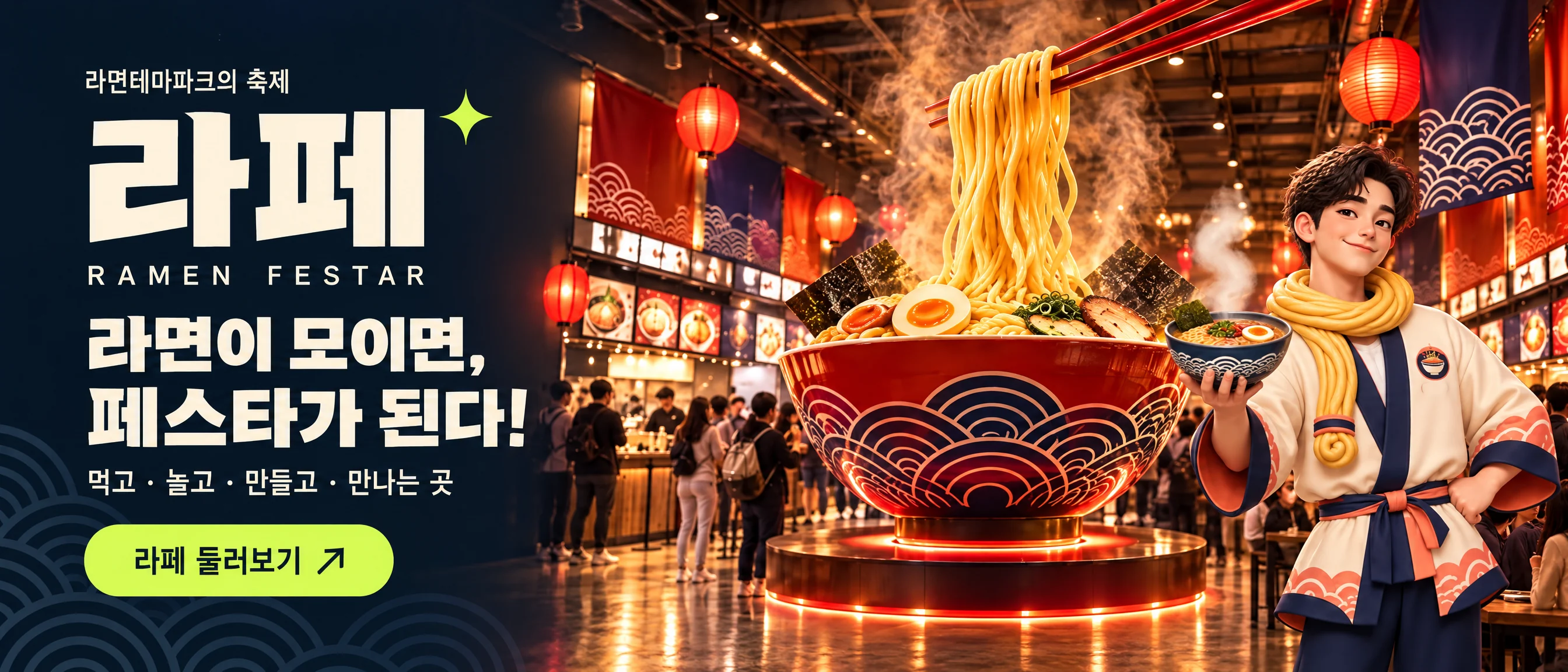 라면테마파크의 축제 라페 RAMEN FESTAR. 라면이 모이면, 페스타가 된다! 먹고, 놀고, 만들고, 만나는 곳. 라페 둘러보기.
